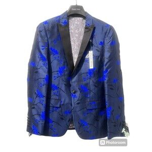 Paisley & Gray Men's Slim Fit Blue Floral Suit Blazer Tuxedo Jacket Size 38R
